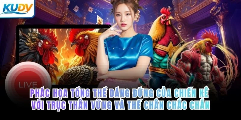 Phác họa tổng thể dáng đứng của chiến kê với trục thân vững và thế chân chắc chắn